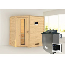 Holzsauna mit Glastür und Saunaofen mit Steinen