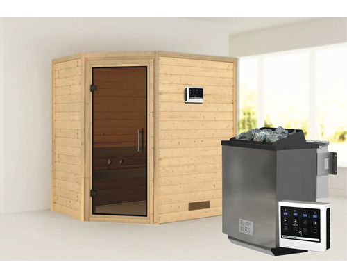 Massivholzsauna Karibu Svea inkl. 9 kW Bio Ofen u.ext.Steuerung ohne Dachkranz mit graphitfarbiger Ganzglastüre Massivholzsauna Karibu Svea inkl. 9 kW Bio Ofen u.ext.Steuerung ohne Dachkranz mit graphitfarbiger Ganzglastüre