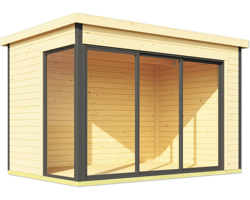 Holzgartenhaus mit Glasschiebetüren