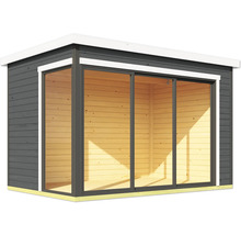 Modernes Gartenhaus mit Schiebetüren aus Glas für einen hellen Innenraum.