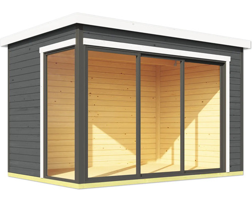 Modernes Gartenhaus mit Schiebetüren aus Glas für einen hellen Innenraum.