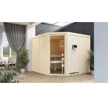 Elementsauna Karibu Ystadt inkl. 9 kW Ofen u.ext.Steuerung ohne Dachkranz mit bronzierter Ganzglastüre