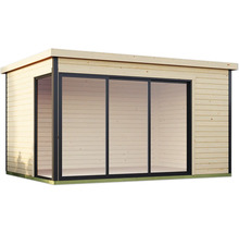 Gartenhaus aus Holz mit großen Fensterfronten für den Außenbereich