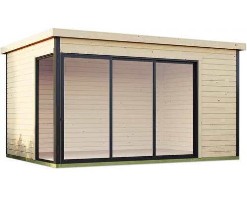 Gartenhaus aus Holz mit großen Fensterfronten für den Außenbereich