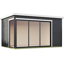 Gartenhaus mit Schiebetür und Holzverkleidung