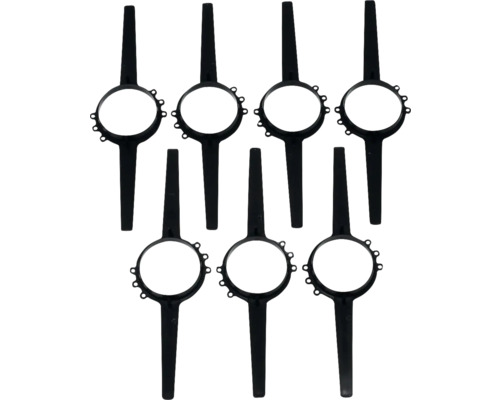 Acht schwarze Rasensprengerbasen aus Kunststoff