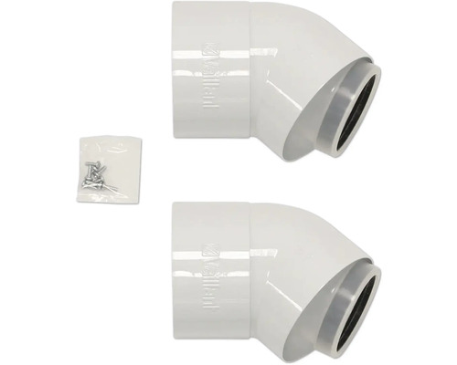 Zwei weiße Vaillant 45 Grad Bögen mit Schrauben