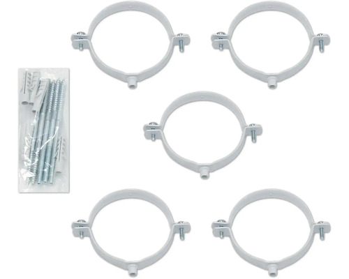 Fünf Rohrschellen aus Kunststoff mit Schrauben und Dübeln in einer Verpackung.