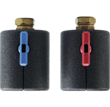 Zwei Heizkörperventile mit blauem und rotem Griff