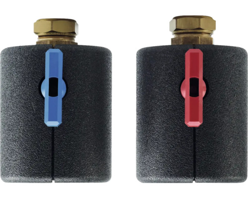 Zwei Heizkörperventile mit blauem und rotem Griff