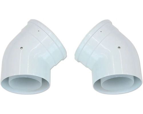 Zwei Kunststoff-Rohrbögen mit 45 Grad Winkel für Lüftungsanlagen.