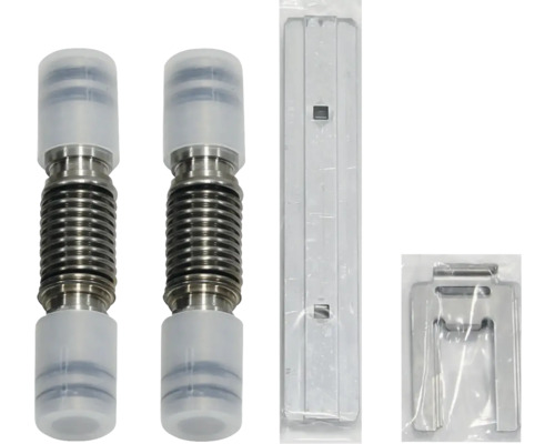 Zwei Wellrohrverbinder und Montagezubehör in Verpackung