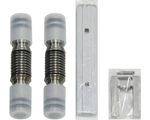 Zwei Wellrohrverbinder, eine Montageschiene und ein Befestigungsclip.
