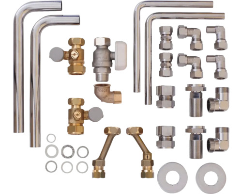 Heizkörperanschlussgarnitur mit Rohren, Ventilen und Verschraubungen