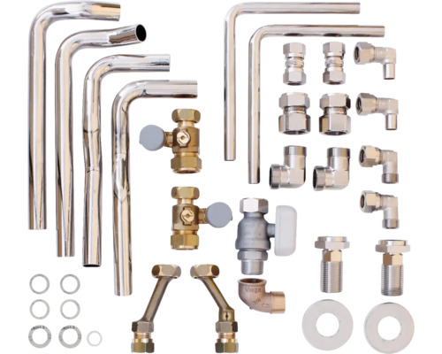 Sanitärinstallationsset mit Rohren, Ventilen und Verbindungsstücken