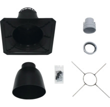 Kamin-Bausatz mit verschiedenen Komponenten wie Rohren, Befestigungsmaterial und Halterungen.