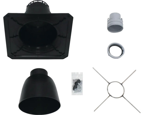 Kamin-Bausatz mit verschiedenen Komponenten wie Rohren, Befestigungsmaterial und Halterungen.