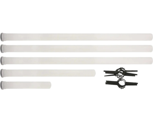 Bild von vier Rollos in verschiedenen Größen und zwei Rolloträgern zur Befestigung.