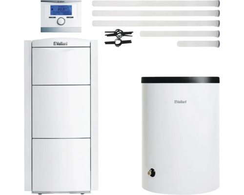 Vaillant Heizungsanlage mit Warmwasserspeicher, Steuerung, Rohren und Montagezubehör