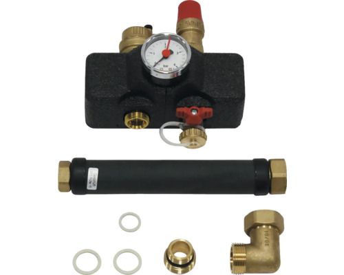 Heizungsbauteile mit Manometer, Absperrventil und diversen Anschlussstücken