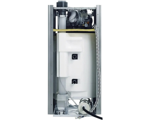 Innenansicht eines Heizkessels mit verschiedenen Komponenten und Anschlüssen.