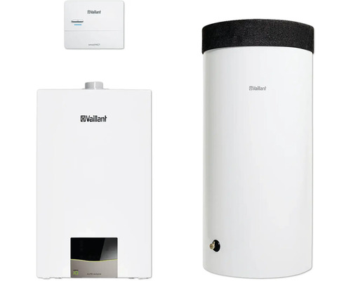 Vaillant Paket 1.180/2 Gas-Wandheizgerät ecoTEC exclusive VC 25 CS/1-7, Warmwasserspeicher uniSTOR exclusive VIH R 150/6 H und witterungsgeführter Regelung sensoDIRECT VRC 710 0010040364 Vaillant Heizungsanlage mit Warmwasserspeicher und Steuerung