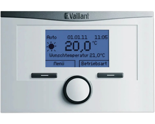 Vaillant Logo. Heizungsregler mit digitaler Anzeige von Temperatur und Einstellungen.