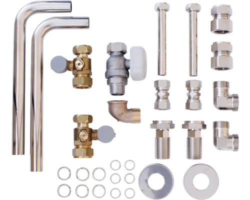 Verschiedene Sanitärinstallationsmaterialien wie Rohre, Ventile und Verbinder.