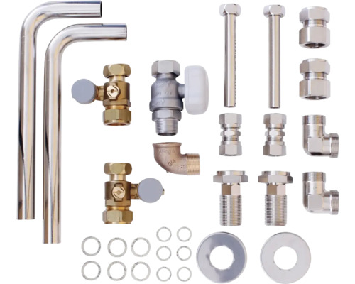 Verschiedene Sanitärinstallationsstücke aus Metall, einschließlich Rohre, Ventile und Verbinder.