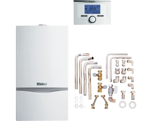 Vaillant Paket 6.227Gas-Wandheizgerät mit Heizwerttechnik atmoTEC exclusive VC 104/4-7 A L/LL, Raumtemperaturregler calorMATIC VRT 350 und Installations-Set AP/UP auf Fremdinstallationen 0010042530 Vaillant Heizungsanlage mit Steuerung und Installationszubehör
