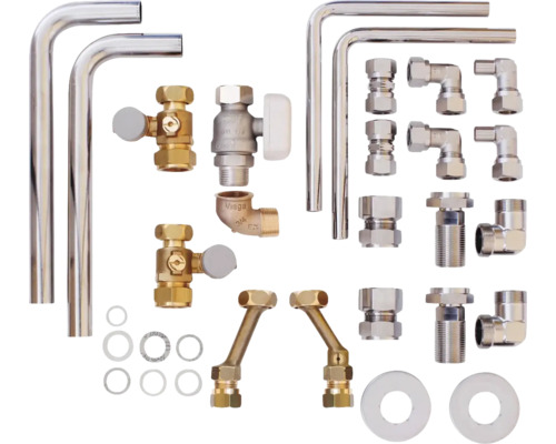 Heizkörperanschlussgarnitur mit Ventilen, Winkelstücken und Rohren für Heizkörperinstallationen