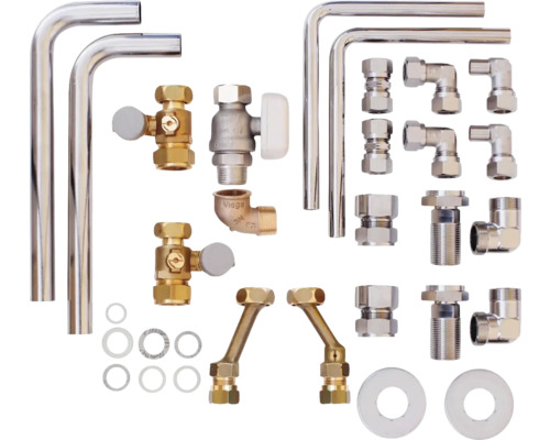 Heizkörperanschlussgarnitur mit Thermostatventilen, Eckrohren und Montagezubehör