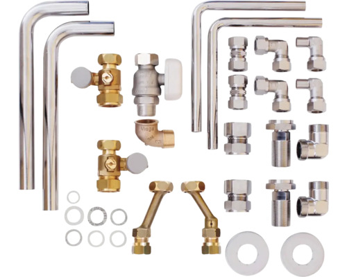 Heizkörperanschlussgarnitur mit Ventilen, Rohren und Verbindungsstücken