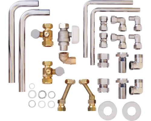 Installationsmaterial für Sanitär und Heizung mit Rohren, Ventilen und Verbindungsstücken.