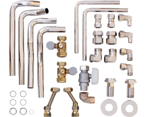 Sortiment von Sanitärinstallationsmaterialien einschließlich Rohren, Ventilen und Verbindungsstücken