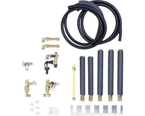 Installationsbox mit verschiedenen Ventilen, Rohren und Zubehör für Sanitärinstallationen