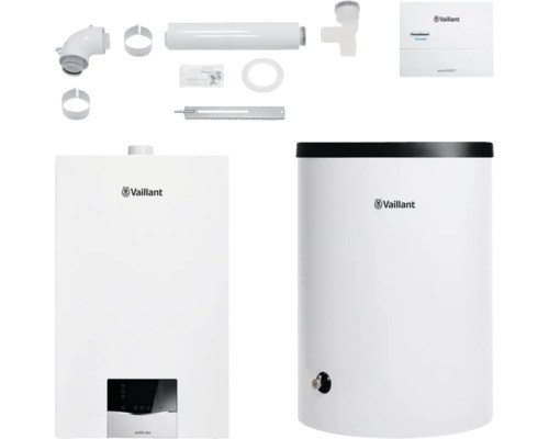 Vaillant Paket 1.649/2 Gas-Wandheizgerät ecoTEC plus VC 20 CS/1-5, Warmwasserspeicher uniSTOR plus VIH R 150/6 B, witterungsgeführter Regelung sensoDIRECT VRC 710 und Luft-/Abgasführung flexibel 8000013868 Vaillant ecoTEC plus Gas-Brennwerttherme mit Zubehör und actoSTOR VIH Warmwasserspeicher