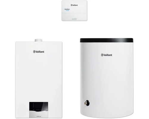 Vaillant Paket 1.656/2 Gas-Wandheizgerät ecoTEC plus VC 10 CS/1-5, Warmwasserspeicher uniSTOR plus VIH R 150/6 B und witterungsgeführter Regelung sensoDIRECT VRC 710 8000013915 Vaillant Heizungsanlage mit Warmwasserspeicher und Steuerung