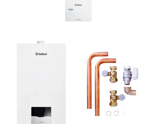 Vaillant Paket 1.668/2 Gas-Wandheizgerät ecoTEC plus VC 15 CS/1-5, witterungsgeführter Regelung sensoDIRECT VRC 710 und Installations-Set AP/UP 8000013961 Vaillant Gasheizungspaket mit Vaillant Logo, Kupferrohren, Ventilen und Regelungseinheit