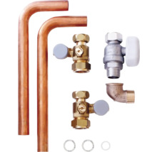 Verschiedene Sanitärinstallationsmaterialien, darunter Kupferrohre, Ventile und Anschlüsse.