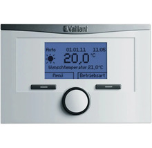 Vaillant Logo. Heizungsregler mit Displayanzeige von Temperatur und Einstellungen.