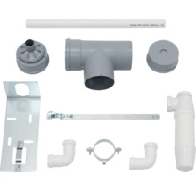 Zusammenstellung verschiedener Sanitärinstallationsmaterialien wie Rohre, Winkel, Befestigungen und Siphons.