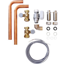 Heizkörperanschlussgarnitur mit Kupferrohren, Thermostatventilen, Absperrverschraubung, Winkelstück und Anschlusszubehör