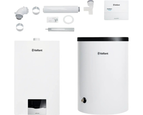 Vaillant Paket 1.92 Gas-Wandheizgerät ecoTEC plus VC 15 CS/1-5, Warmwasserspeicher uniSTOR plus VIH R 120/6 B, witterungsgeführter Regelung sensoDIRECT VRC 710 und Luft-/Abgasführung starr 8000014555 Vaillant ecoTEC plus Gasheizung und Warmwasserspeicher mit Zubehör
