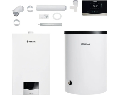 Vaillant Paket 1.700/3 Gas-Wandheizgerät ecoTEC plus VC 10 CS/1-5, Warmwasserspeicher uniSTOR plus VIH R 120/6 B, witterungsgeführter Regelung sensoCOMFORT VRC 720/3 und Luft-/Abgasführung starr 8000016468 Vaillant ecoTEC plus Gasheizung mit Zubehör und Warmwasserspeicher