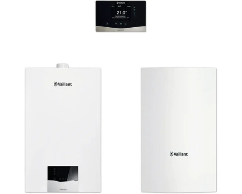 Vaillant Paket 1.713/3 Gas-Wandheizgerät ecoTEC plus VC 15 CS/1-5, Warmwasserspeicher uniSTOR VIH Q 75/2 B und witterungsgeführter Regelung sensoCOMFORT VRC 720/3 8000016484 Vaillant Heizungsanlage mit Steuerungseinheit