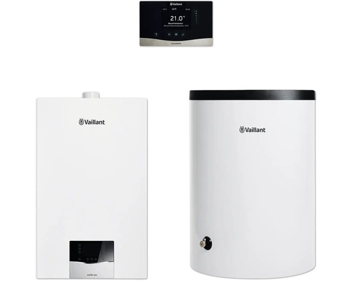 Vaillant Paket 1.715/3 Gas-Wandheizgerät ecoTEC plus VC 10 CS/1-5, Warmwasserspeicher uniSTOR plus VIH R 120/6 B und witterungsgeführter Regelung sensoCOMFORT VRC 720/3 8000016486 Vaillant Heizungsanlage mit Regler und Warmwasserspeicher