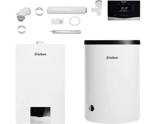 Vaillant Paket 1.701/3 Gas-Wandheizgerät ecoTEC plus VC 10 CS/1-5, Warmwasserspeicher uniSTOR plus VIH R 120/6 B, witterungsgeführter Regelung sensoCOMFORT VRC 720/3 und Luft-/Abgasführung flexibel. 8000016469 Vaillant ecoTEC plus Gasheizung mit Zubehör und Vaillant Logo