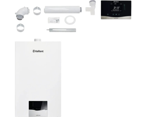 Vaillant ecoTEC plus Gasheizgerät mit Zubehör und Vaillant Logo