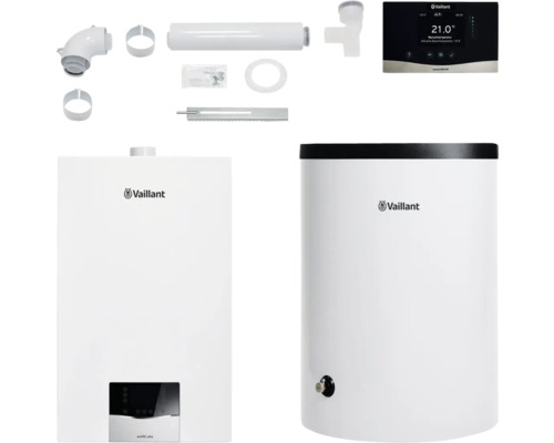 Vaillant Paket 1.705/3 Gas-Wandheizgerät ecoTEC plus VC 15 CS/1-5, Warmwasserspeicher uniSTOR plus VIH R 120/6 B, witterungsgeführter Regelung sensoCOMFORT VRC 720/3 und Luft-/Abgasführung flexibel. 8000016477 Vaillant ecoTEC plus Gasheizungssystem mit Zubehör und Steuerung